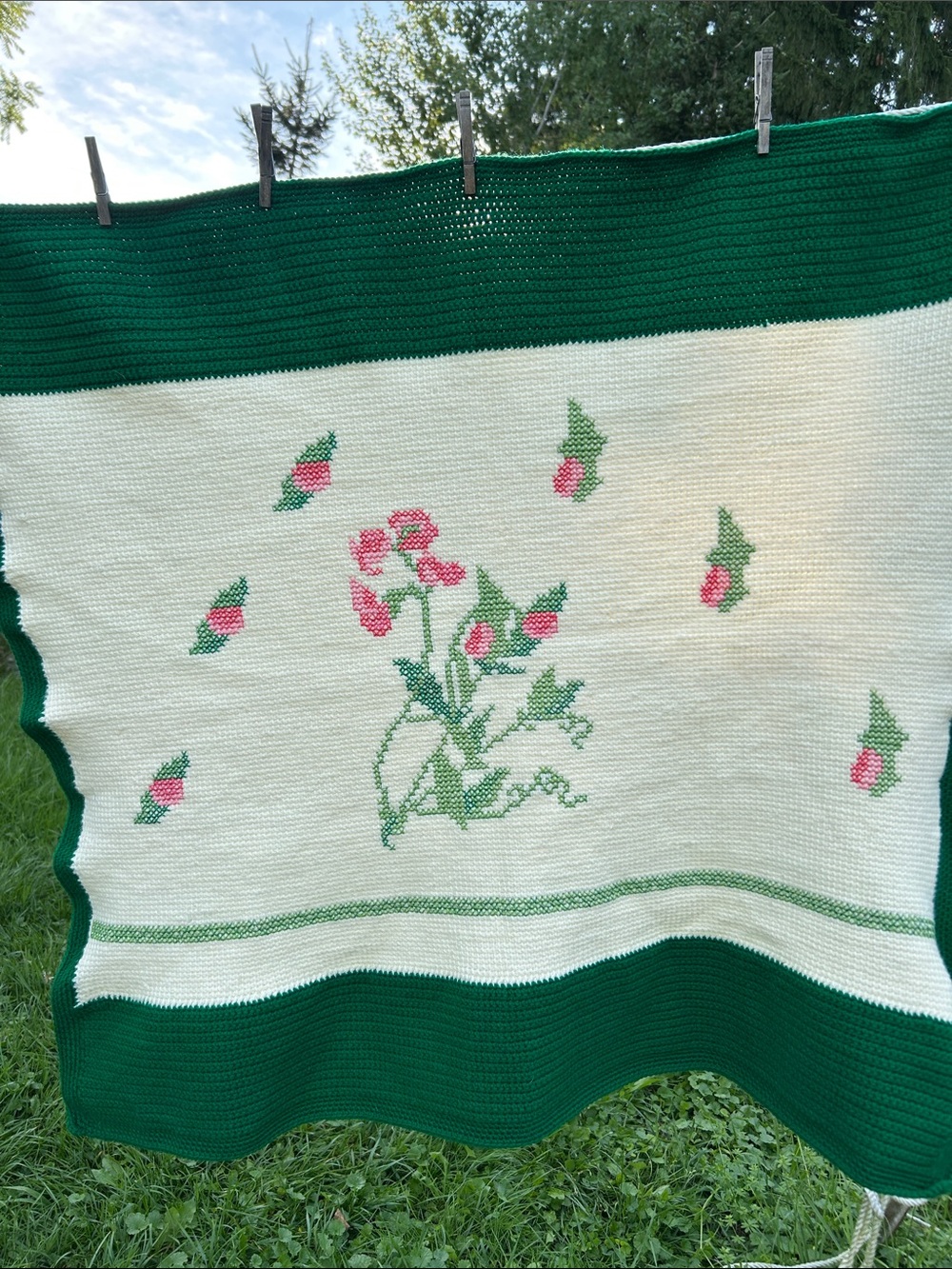 OOAK Handcrafted Throw Blanket Cross-Stitch Roses 43" X 40" Romantic Cottagecore